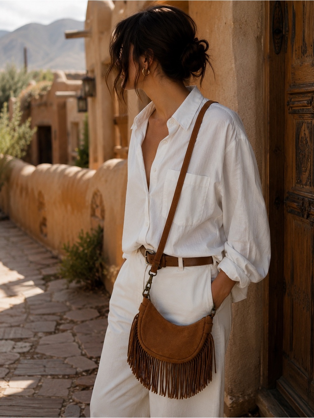 Marlon Italy Cognac Suede Fringe Crossbody Bag NWT Made in Italy